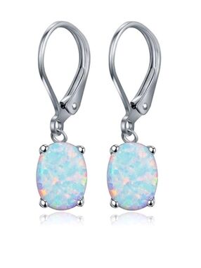 Dainty Opal Silver Leverback Iridescent Drop Earrings
